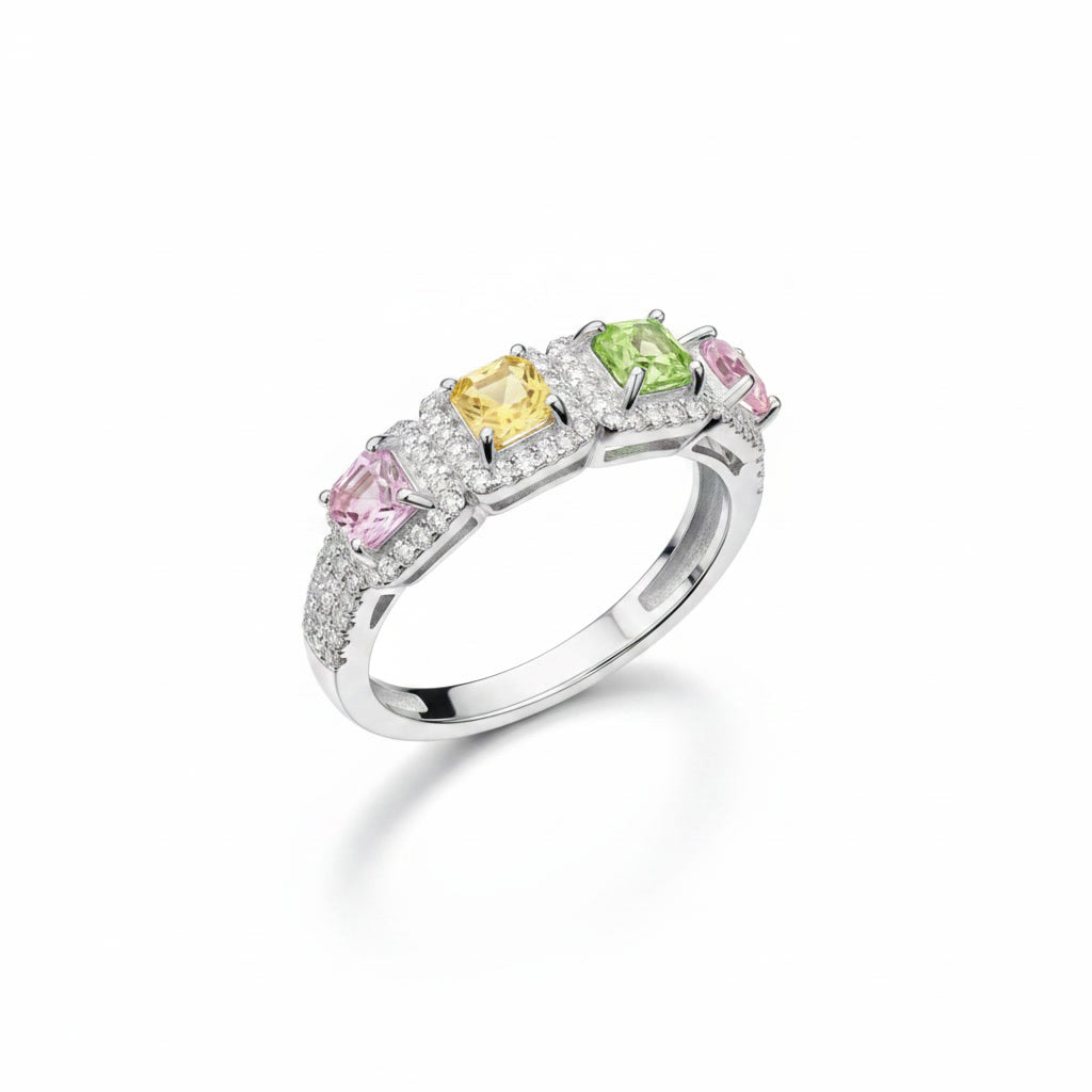 Natural Multi Tourmaline Band Ring with 3mm colorful gemstones and cubic zirconia accents in 925 sterling silver with platinum plated finish by PHIMSERA
