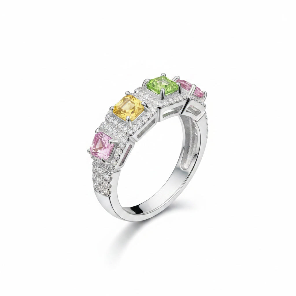Natural Multi Tourmaline Band Ring with 3mm colorful gemstones and cubic zirconia accents in 925 sterling silver with platinum plated finish by PHIMSERA