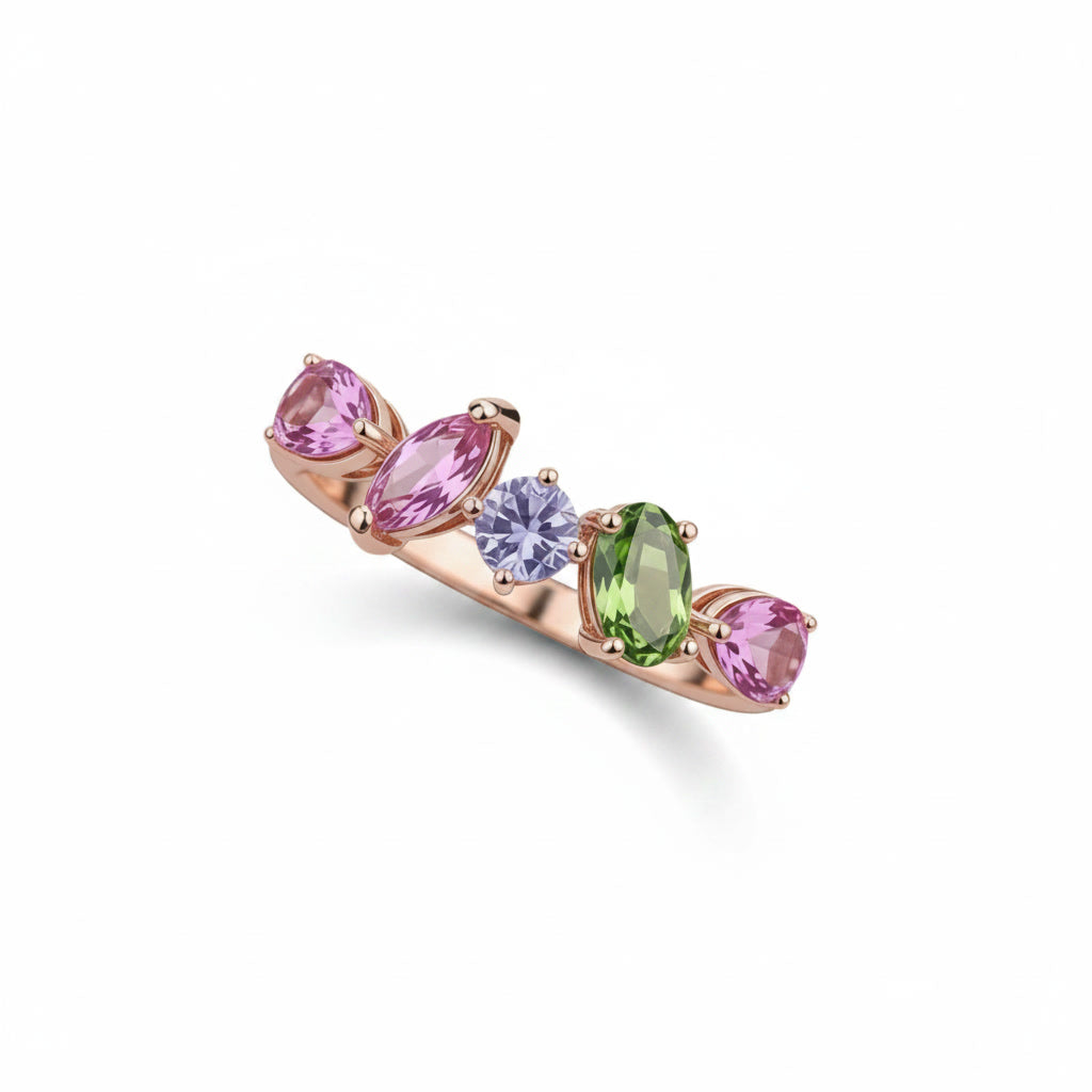 Natural Multi Tourmaline Ring with pink green and purple mixed cut gemstones in 925 sterling silver with platinum plated finish by PHIMSERA
