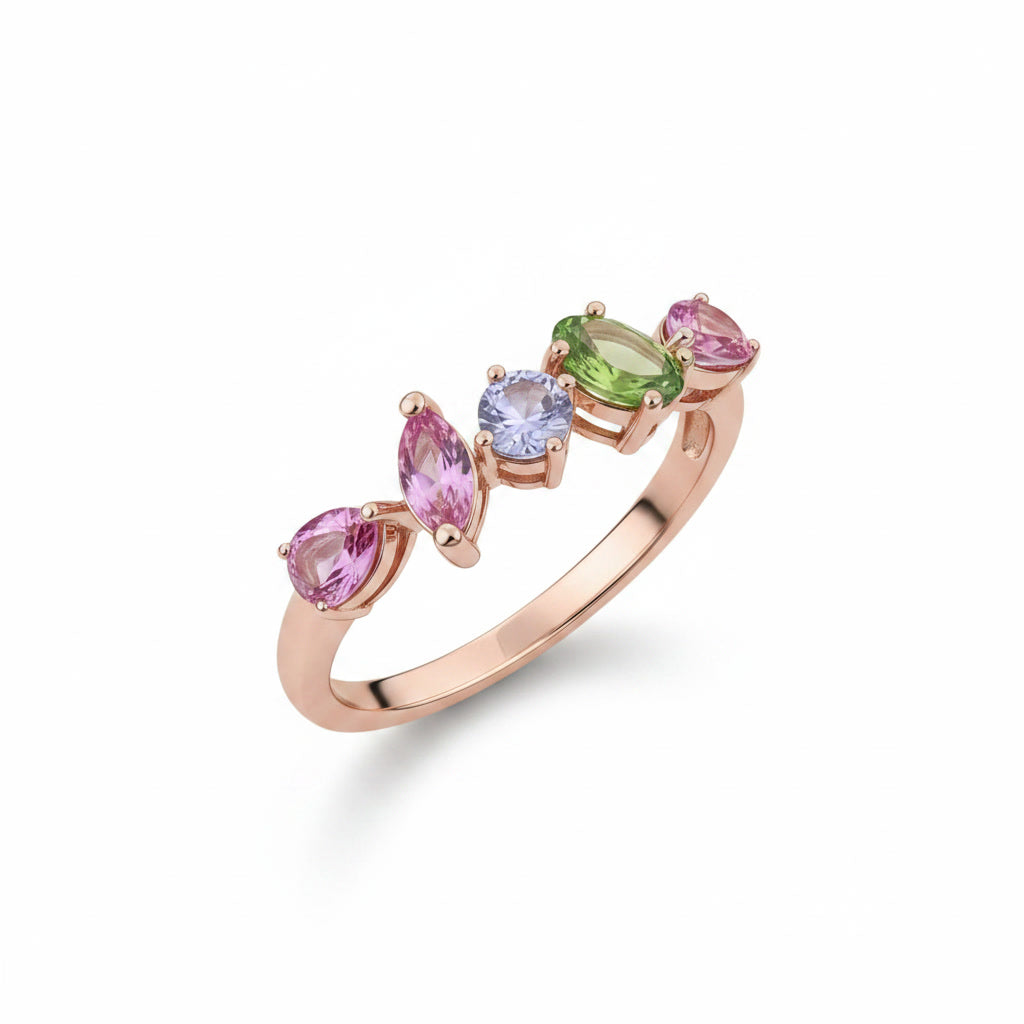Natural Multi Tourmaline Ring with pink green and purple mixed cut gemstones in 925 sterling silver with platinum plated finish by PHIMSERA