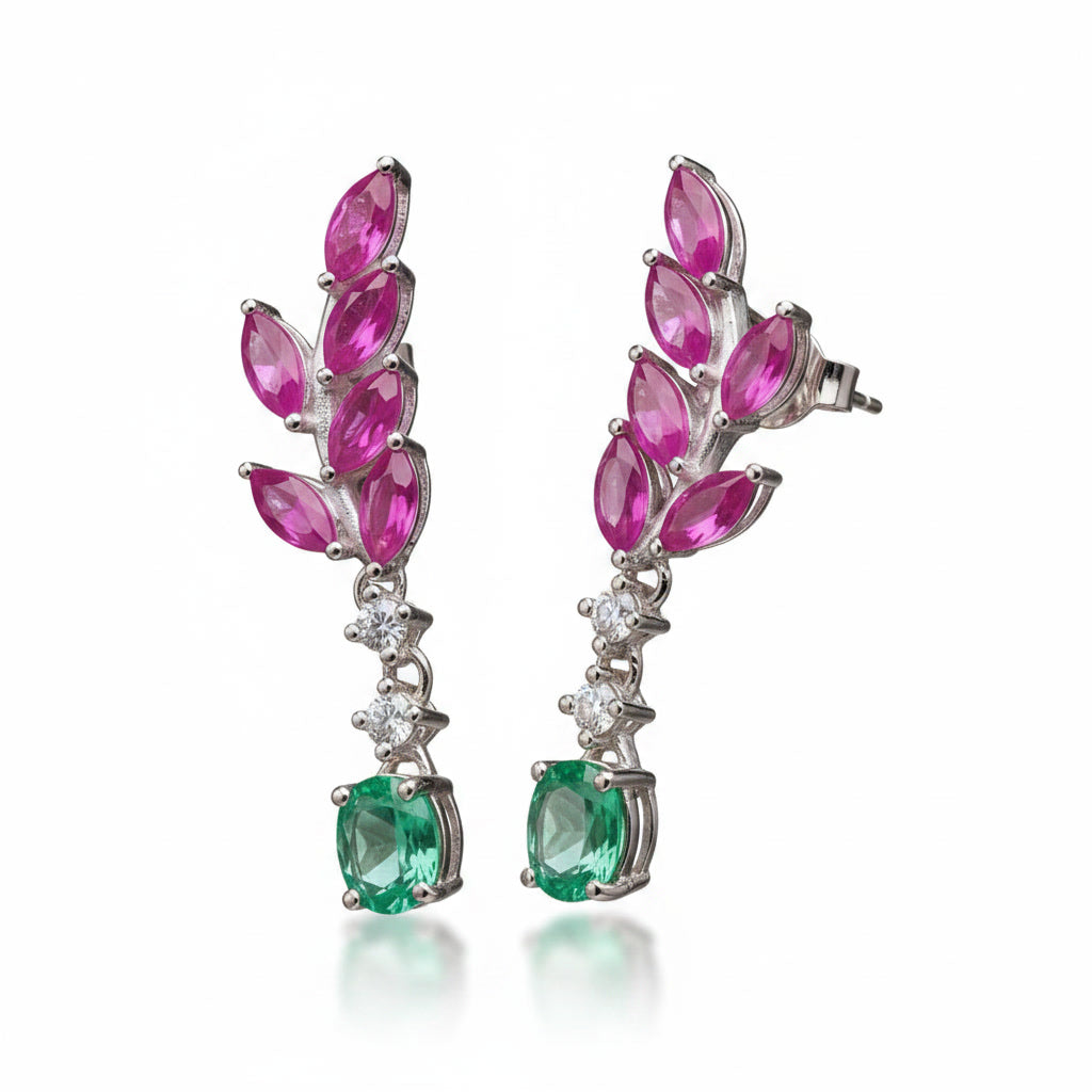 Colombian Emerald and Burma Ruby Leaf Earrings, Emerald and Ruby Stud Earrings