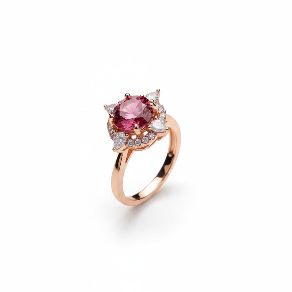 1 carat 6.5mm round raspberry red moissanite flower halo ring in rose gold plated sterling silver with cubic zirconia accents on a white background