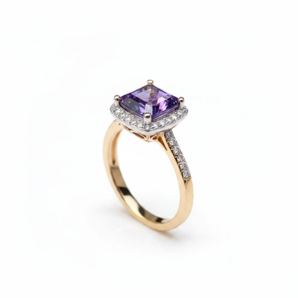 Purple Asscher cut moissanite halo ring featuring a 6×6mm lab-created center stone surrounded by sparkling cubic zirconia in sterling silver.