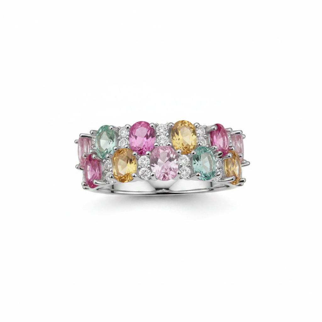 Natural Multi Tourmaline Cluster Ring with 3x4mm colorful gemstones and cubic zirconia accents in 925 sterling silver with platinum plated finish by PHIMSERA