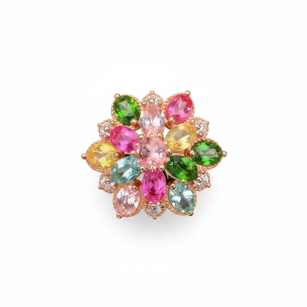 Natural Multi Tourmaline Floral Statement Ring with 3x4mm colorful gemstones and cubic zirconia accents in 925 sterling silver with platinum plated finish by PHIMSERA