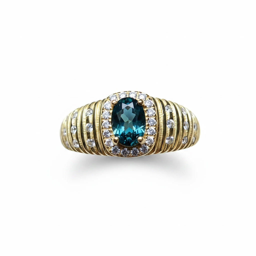 Natural Tourmaline Vintage Halo Ring with 4x6mm oval gemstone and cubic zirconia accents in 925 sterling silver with platinum plated finish by PHIMSERA