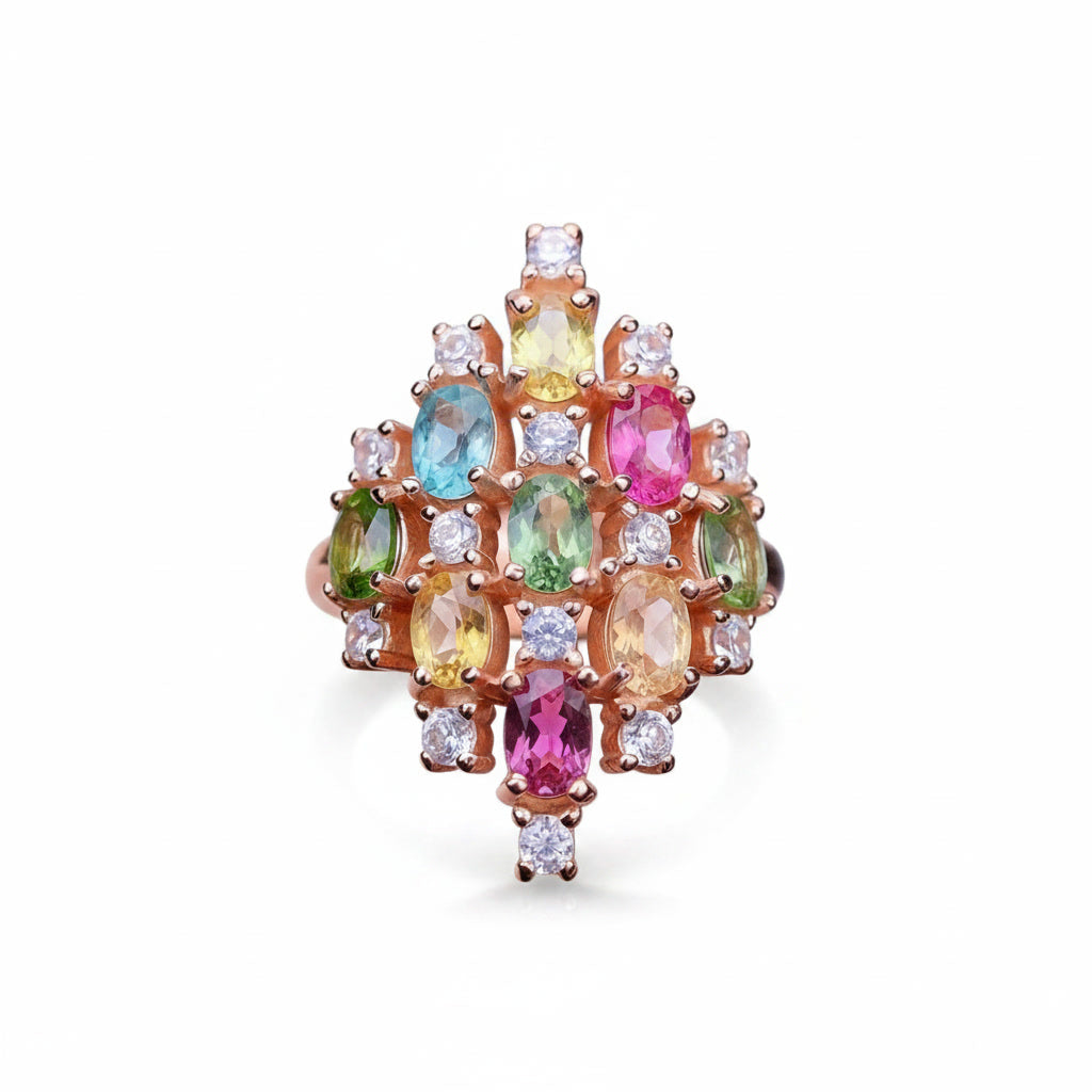 Natural Multi Tourmaline Cluster Statement Ring with 3x4mm colorful gemstones and cubic zirconia accents in 925 sterling silver with platinum plated finish by PHIMSERA