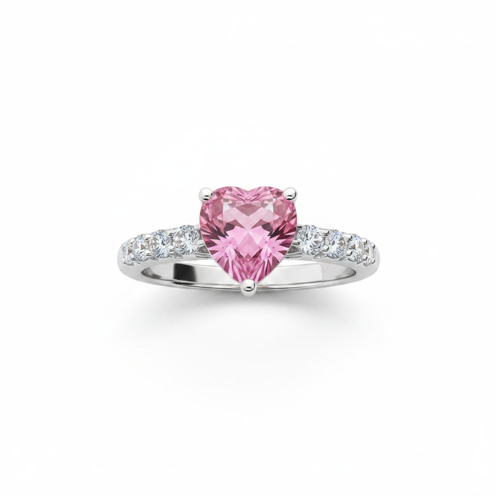 Natural Brazilian Heart Tourmaline Ring with 6mm heart-cut gemstone and cubic zirconia accents in 925 sterling silver by PHIMSERA