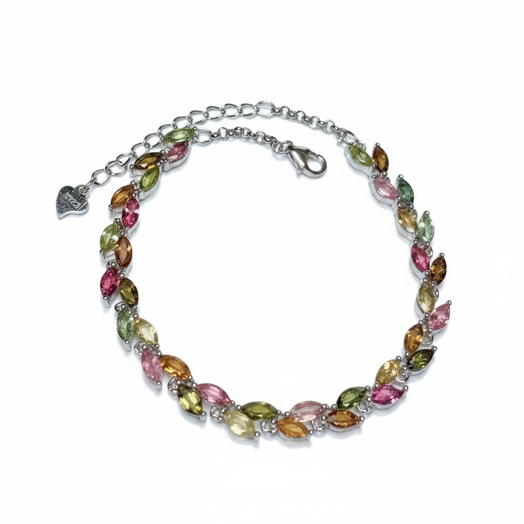 Natural Multi Tourmaline Bracelet with 2.5x5mm marquise colorful gemstones in 925 sterling silver with platinum plated finish by PHIMSERA