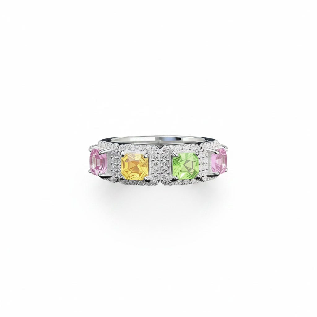 Natural Multi Tourmaline Band Ring with 3mm colorful gemstones and cubic zirconia accents in 925 sterling silver with platinum plated finish by PHIMSERA