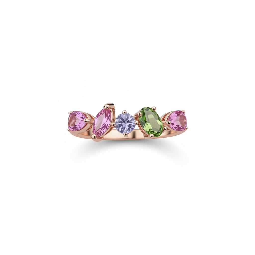 Natural Multi Tourmaline Ring with pink green and purple mixed cut gemstones in 925 sterling silver with platinum plated finish by PHIMSERA