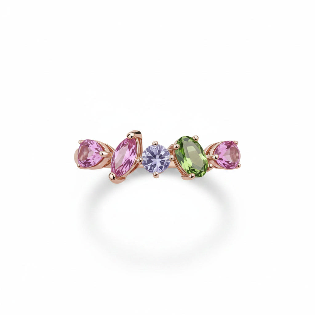 Natural Multi Tourmaline Ring with pink green and purple mixed cut gemstones in 925 sterling silver with platinum plated finish by PHIMSERA