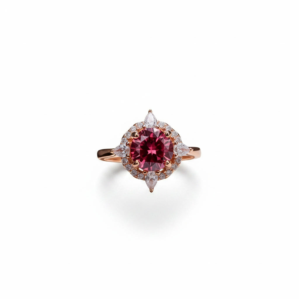 1 carat 6.5mm round raspberry red moissanite flower halo ring in rose gold plated sterling silver with cubic zirconia accents on a white background