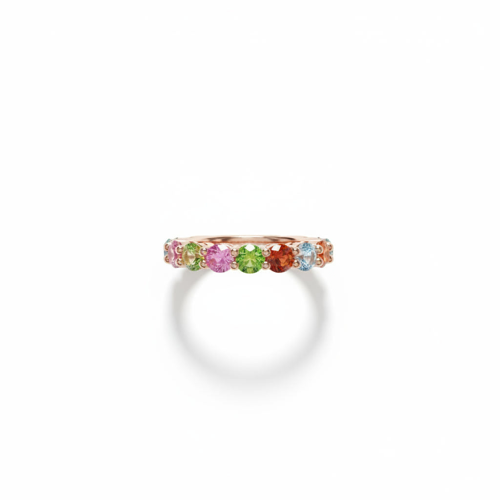 Natural Multi Tourmaline Ring with 3mm colorful gemstones in 925 sterling silver with platinum plated finish by PHIMSERA