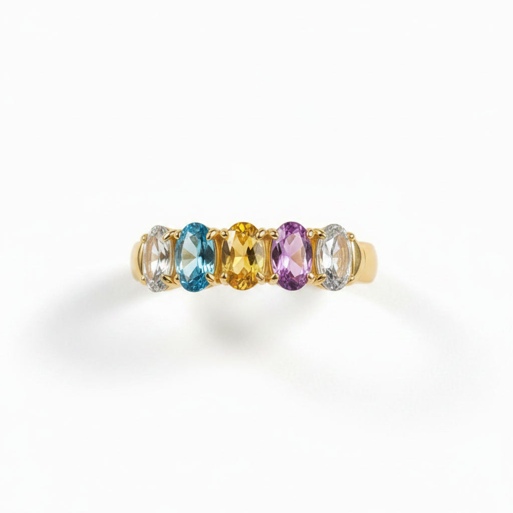 Natural Multi Tourmaline Five Stone Ring with 3x4mm marquise-cut colorful gemstones in 925 sterling silver with platinum plated finish by PHIMSERA