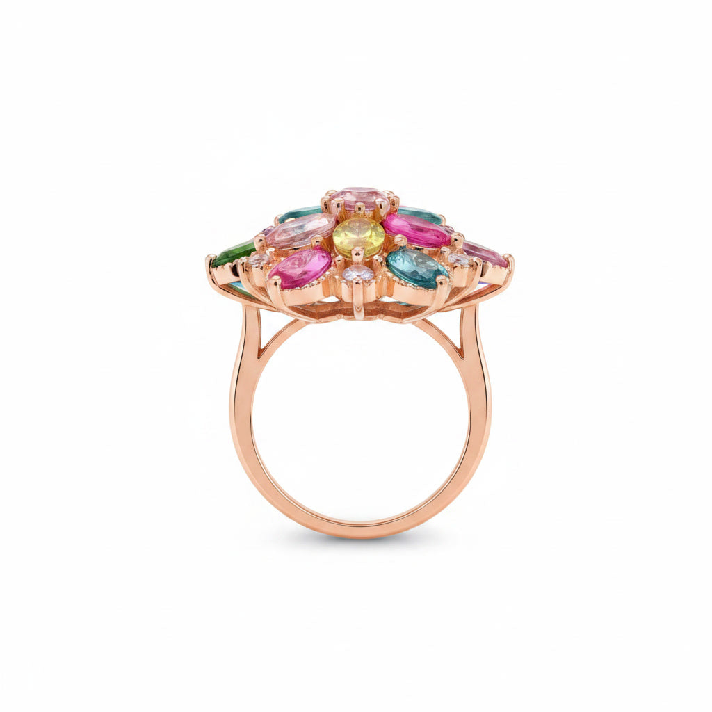 Natural Multi Tourmaline Floral Statement Ring with 3x4mm colorful gemstones and cubic zirconia accents in 925 sterling silver with platinum plated finish by PHIMSERA