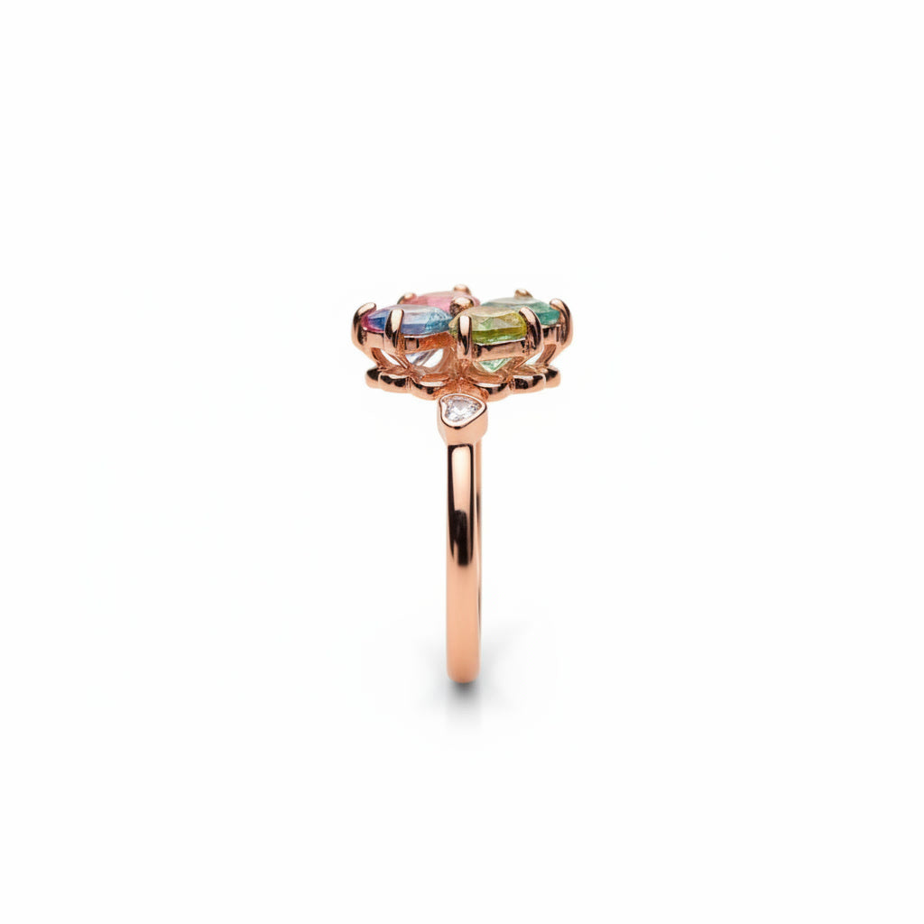 Natural Multi Tourmaline Floral Ring with 5mm colorful gemstones in a flower design crafted in 925 sterling silver with platinum plated finish by PHIMSERA