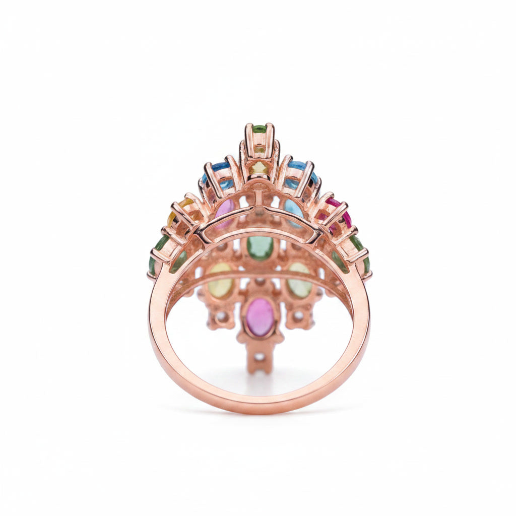 Natural Multi Tourmaline Cluster Statement Ring with 3x4mm colorful gemstones and cubic zirconia accents in 925 sterling silver with platinum plated finish by PHIMSERA
