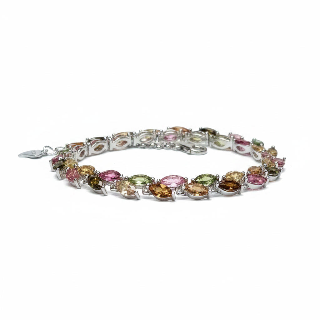 Natural Multi Tourmaline Bracelet with 2.5x5mm marquise colorful gemstones in 925 sterling silver with platinum plated finish by PHIMSERA