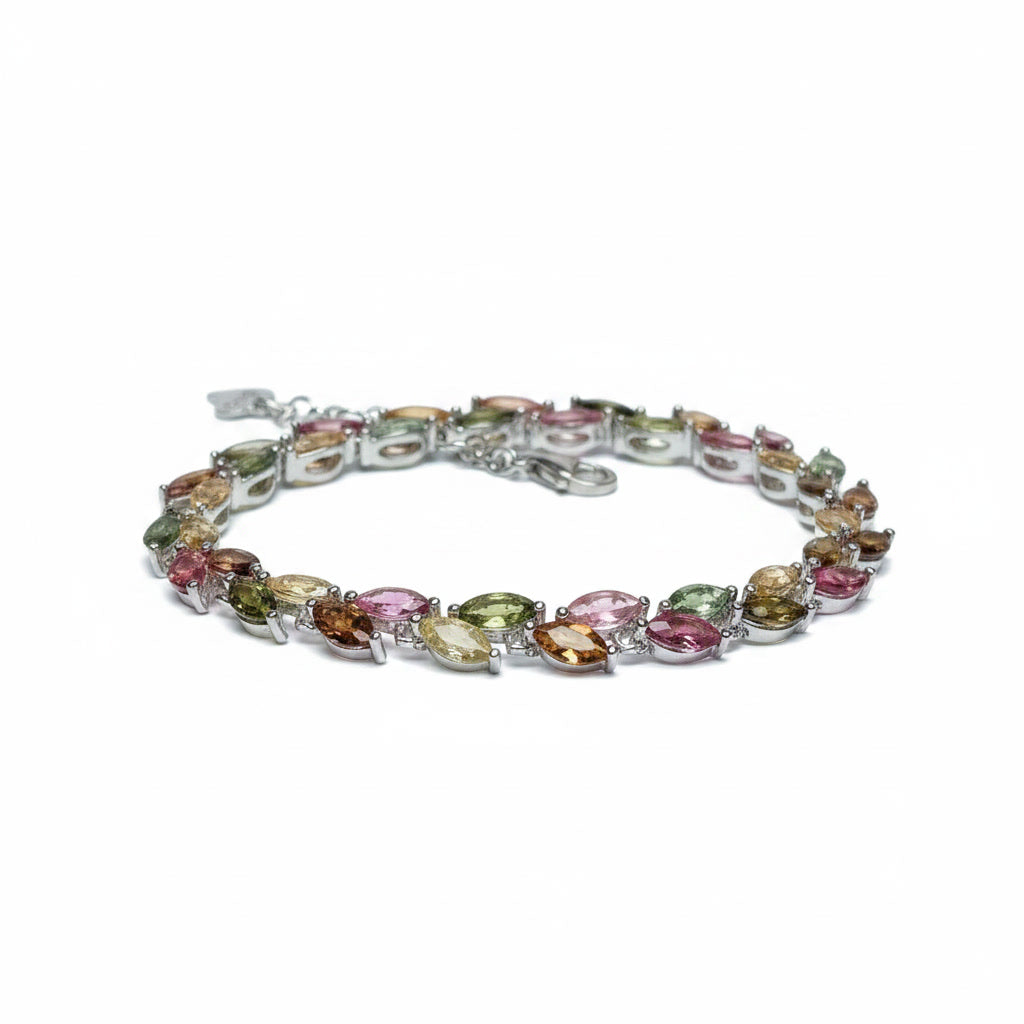 Natural Multi Tourmaline Bracelet with 2.5x5mm marquise colorful gemstones in 925 sterling silver with platinum plated finish by PHIMSERA