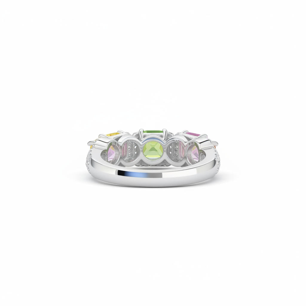 Natural Multi Tourmaline Band Ring with 3mm colorful gemstones and cubic zirconia accents in 925 sterling silver with platinum plated finish by PHIMSERA