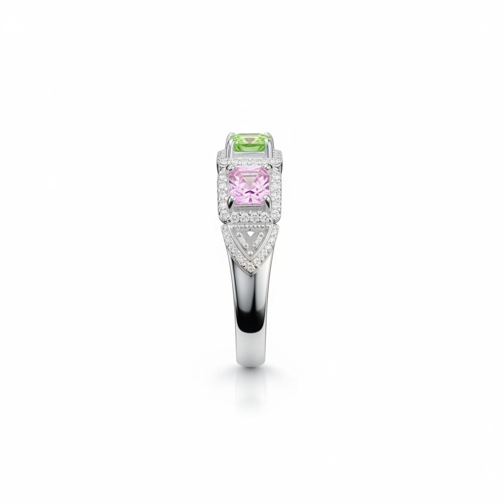 Natural Multi Tourmaline Band Ring with 3mm colorful gemstones and cubic zirconia accents in 925 sterling silver with platinum plated finish by PHIMSERA
