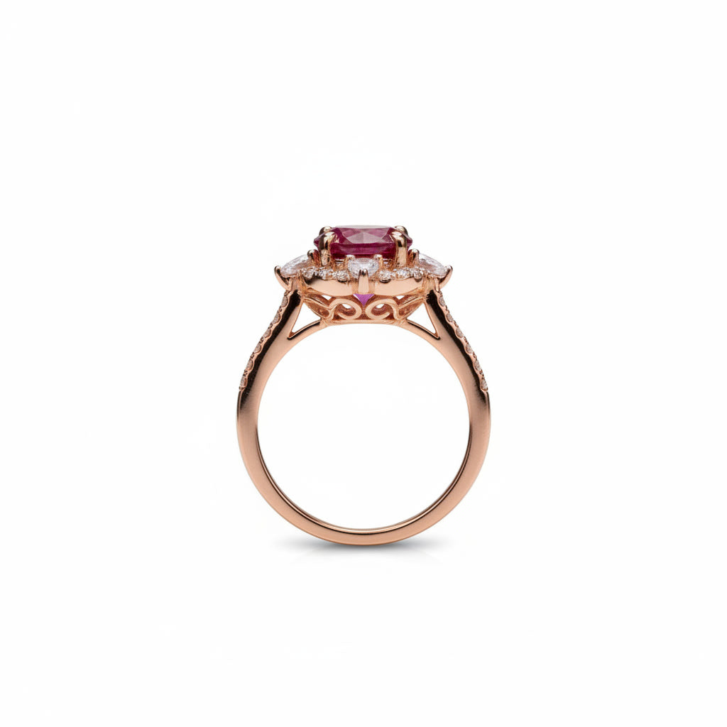 1 carat 6.5mm round raspberry red moissanite flower halo ring in rose gold plated sterling silver with cubic zirconia accents on a white background