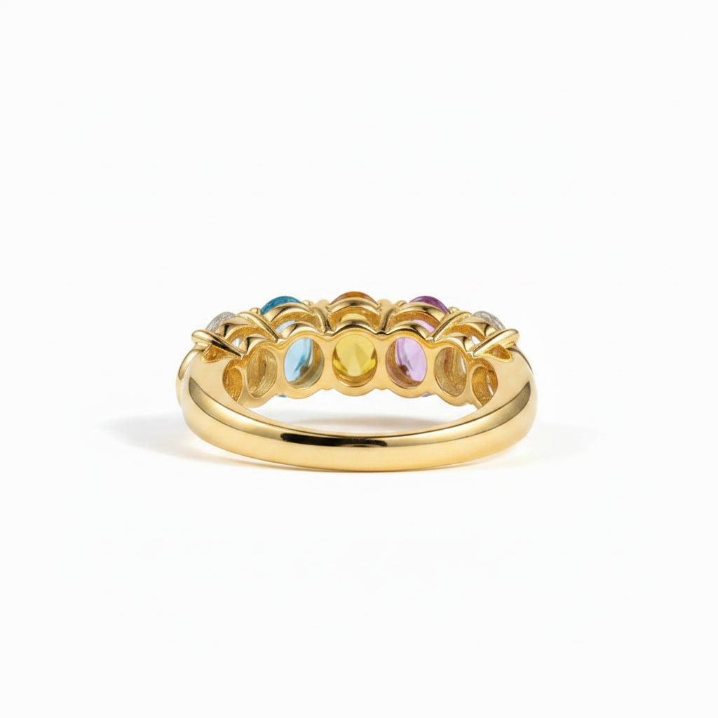 Natural Multi Tourmaline Five Stone Ring with 3x4mm marquise-cut colorful gemstones in 925 sterling silver with platinum plated finish by PHIMSERA