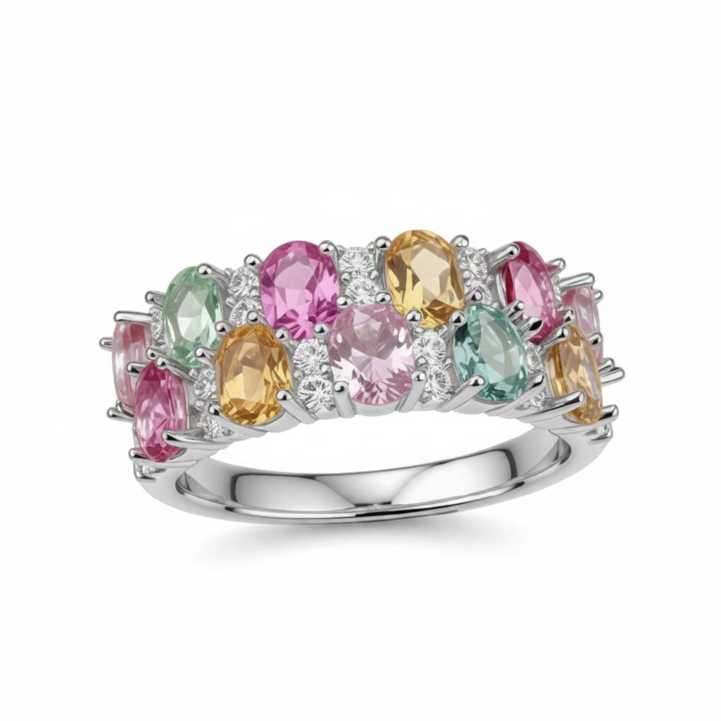Natural Multi Tourmaline Cluster Ring with 3x4mm colorful gemstones and cubic zirconia accents in 925 sterling silver with platinum plated finish by PHIMSERA