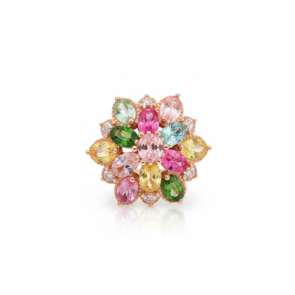 Natural Multi Tourmaline Floral Statement Ring with 3x4mm colorful gemstones and cubic zirconia accents in 925 sterling silver with platinum plated finish by PHIMSERA