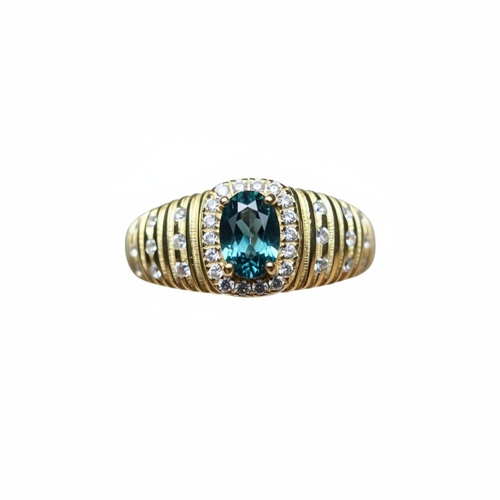 Natural Tourmaline Vintage Halo Ring with 4x6mm oval gemstone and cubic zirconia accents in 925 sterling silver with platinum plated finish by PHIMSERA