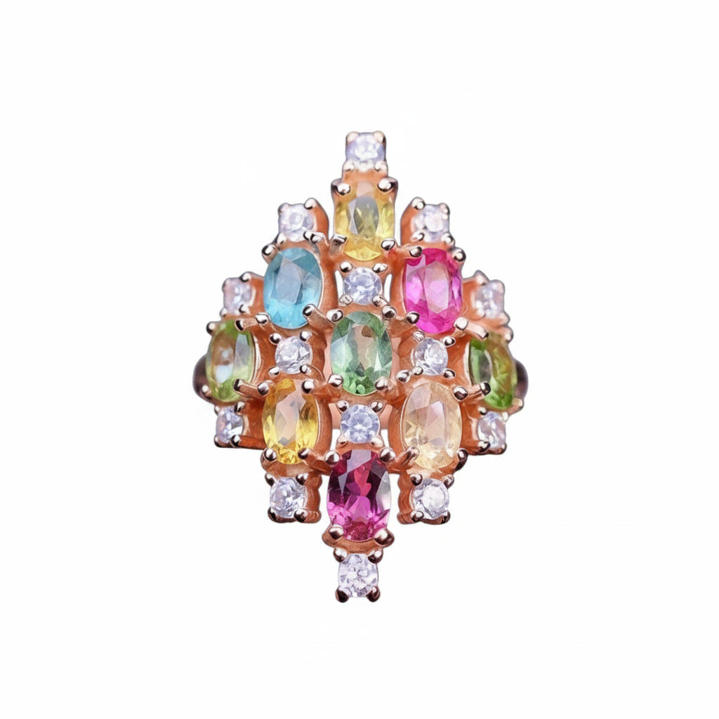 Natural Multi Tourmaline Cluster Statement Ring with 3x4mm colorful gemstones and cubic zirconia accents in 925 sterling silver with platinum plated finish by PHIMSERA