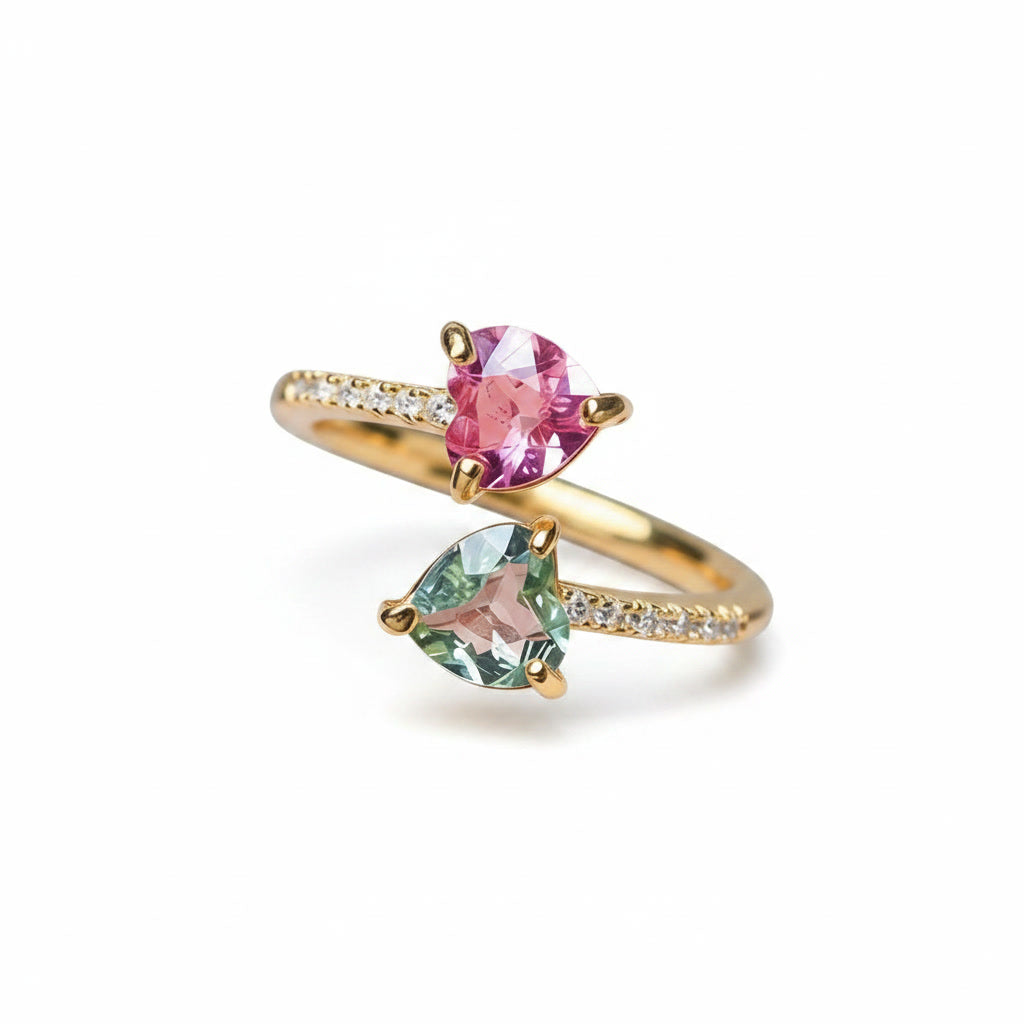Natural Pink and Green Tourmaline Open Heart Ring with 5mm heart-cut gemstones and cubic zirconia accents in 925 sterling silver with platinum plated finish by PHIMSERA