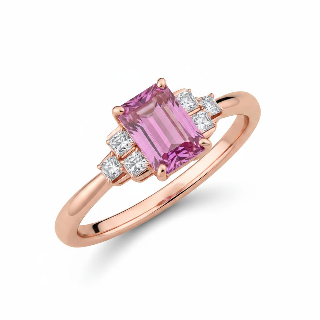 Natural Brazilian Emerald Cut Tourmaline Ring with 4x6mm gemstone and cubic zirconia accents in 925 sterling silver by PHIMSERA