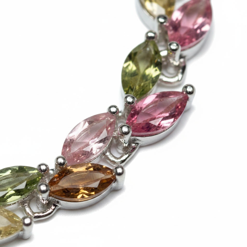 Natural Multi Tourmaline Bracelet with 2.5x5mm marquise colorful gemstones in 925 sterling silver with platinum plated finish by PHIMSERA