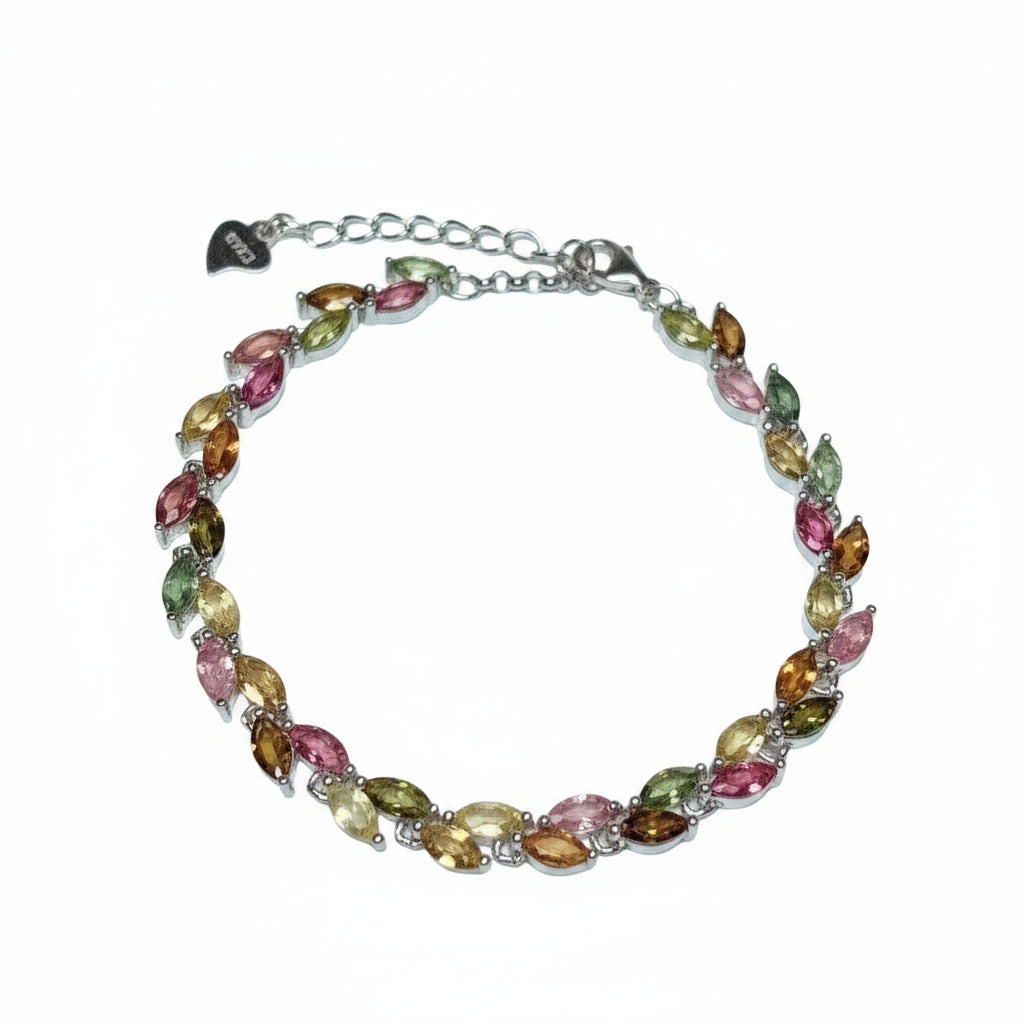 Natural Multi Tourmaline Bracelet with 2.5x5mm marquise colorful gemstones in 925 sterling silver with platinum plated finish by PHIMSERA