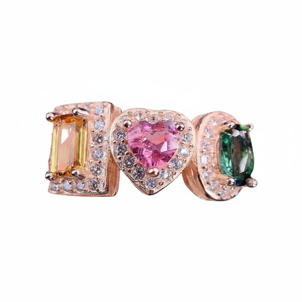 Natural Brazilian Multi Tourmaline Ring with emerald-cut, heart, and oval gemstones in 925 sterling silver with cubic zirconia accents by PHIMSERA