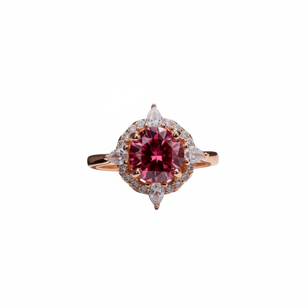 1 carat 6.5mm round raspberry red moissanite flower halo ring in rose gold plated sterling silver with cubic zirconia accents on a white background