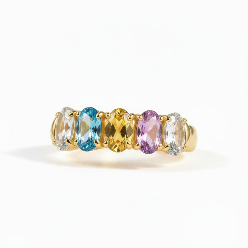 Natural Multi Tourmaline Five Stone Ring with 3x4mm marquise-cut colorful gemstones in 925 sterling silver with platinum plated finish by PHIMSERA