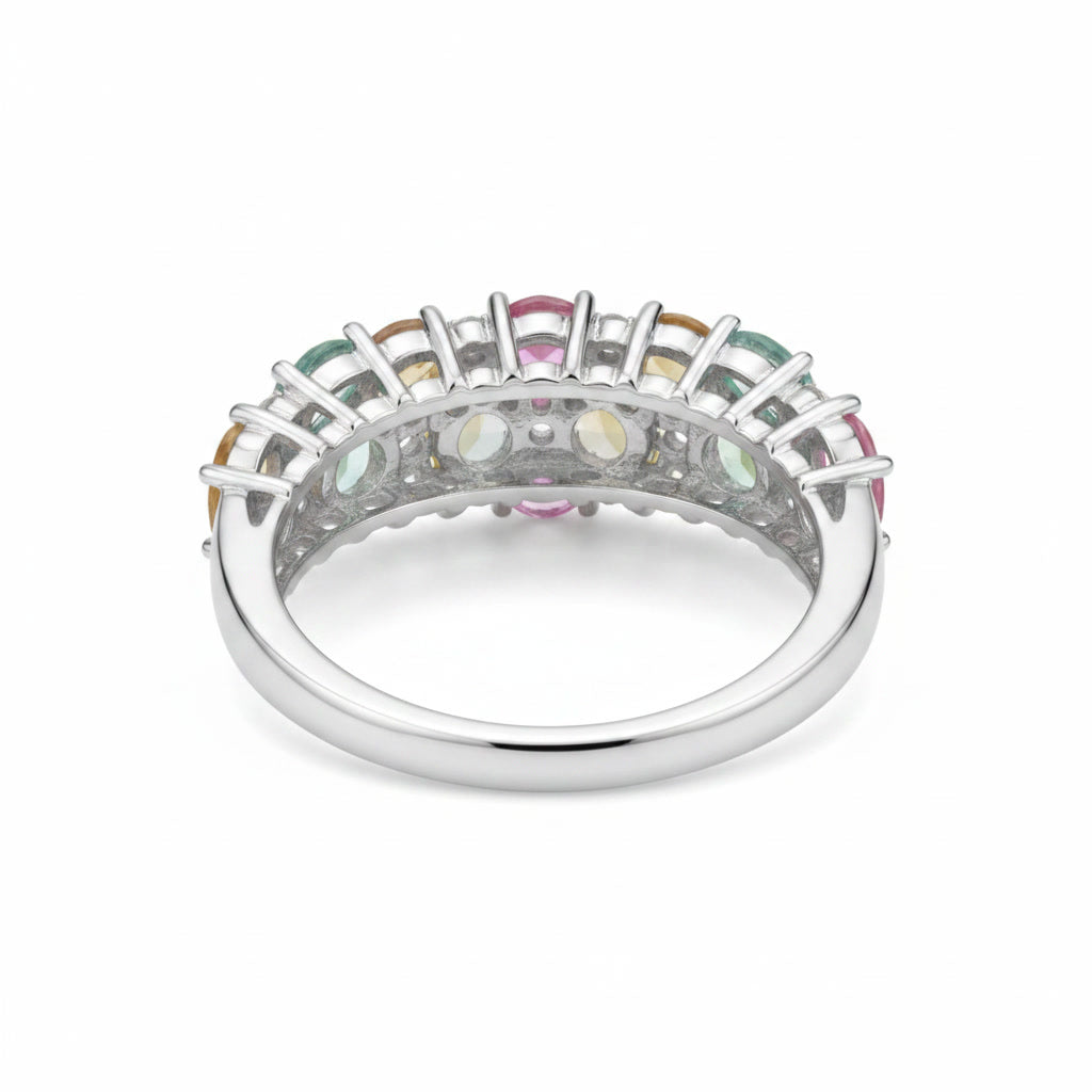 Natural Multi Tourmaline Cluster Ring with 3x4mm colorful gemstones and cubic zirconia accents in 925 sterling silver with platinum plated finish by PHIMSERA