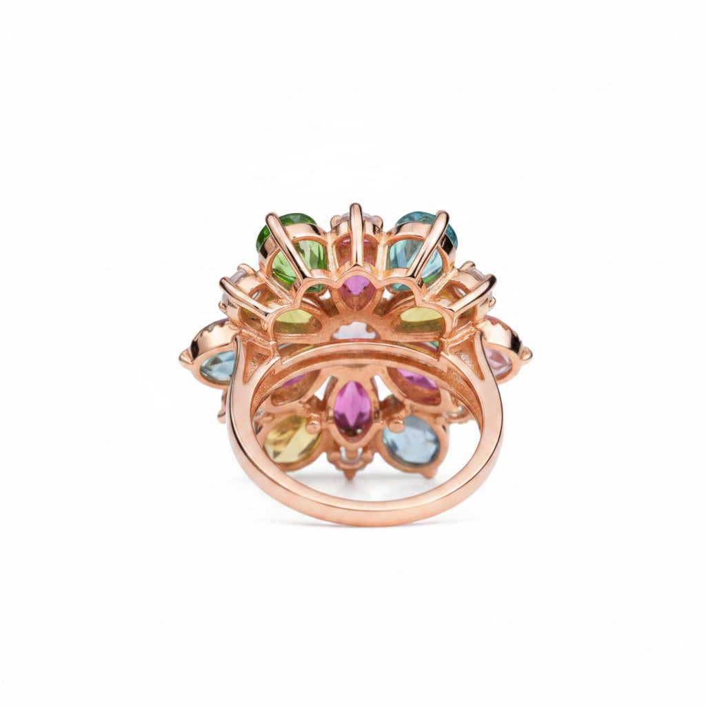 Natural Multi Tourmaline Floral Statement Ring with 3x4mm colorful gemstones and cubic zirconia accents in 925 sterling silver with platinum plated finish by PHIMSERA