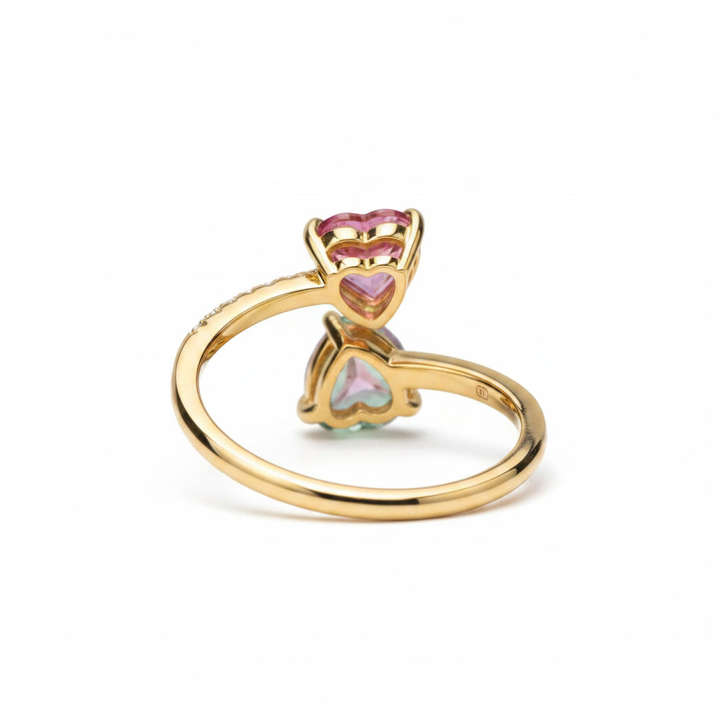 Natural Pink and Green Tourmaline Open Heart Ring with 5mm heart-cut gemstones and cubic zirconia accents in 925 sterling silver with platinum plated finish by PHIMSERA