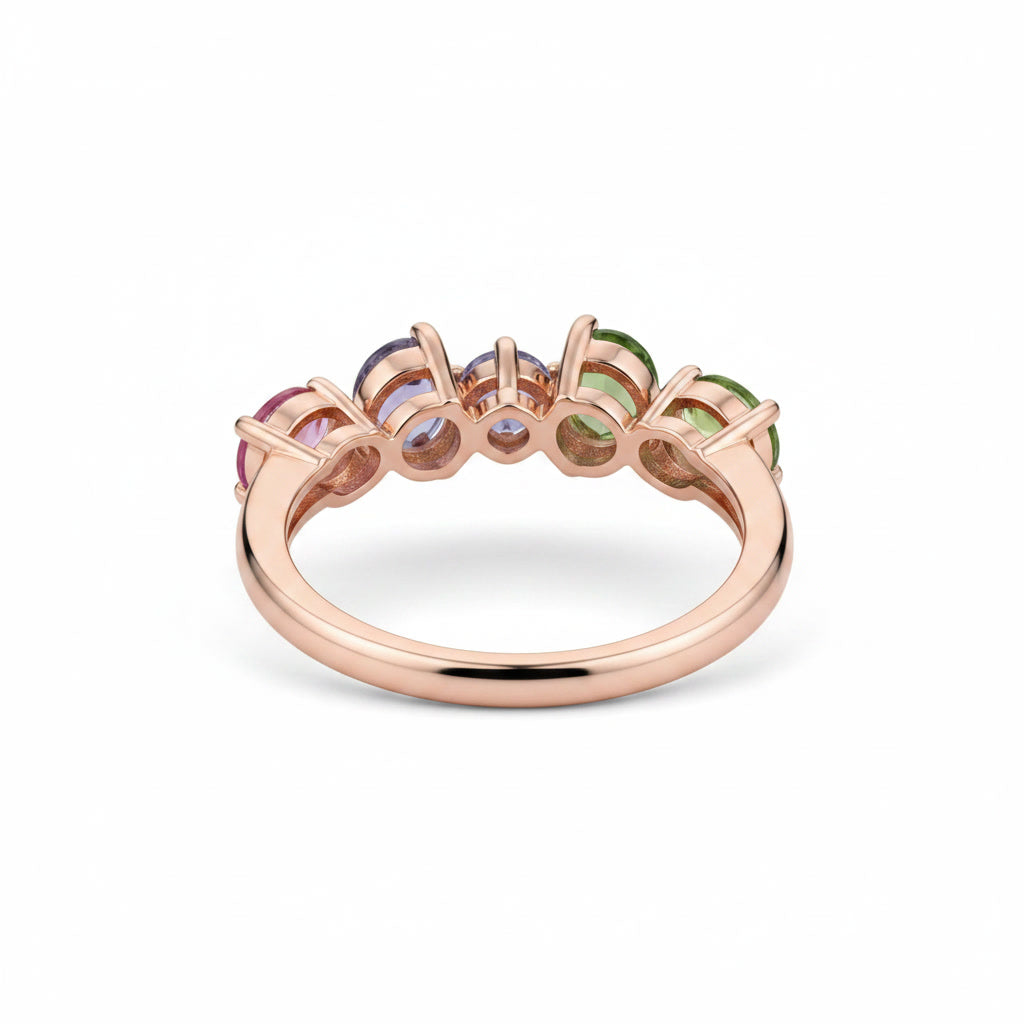 Natural Multi Tourmaline Ring with pink green and purple mixed cut gemstones in 925 sterling silver with platinum plated finish by PHIMSERA
