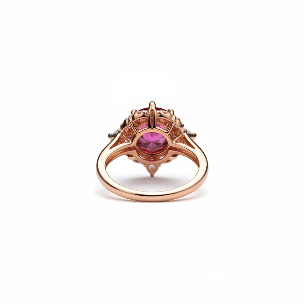 1 carat 6.5mm round raspberry red moissanite flower halo ring in rose gold plated sterling silver with cubic zirconia accents on a white background