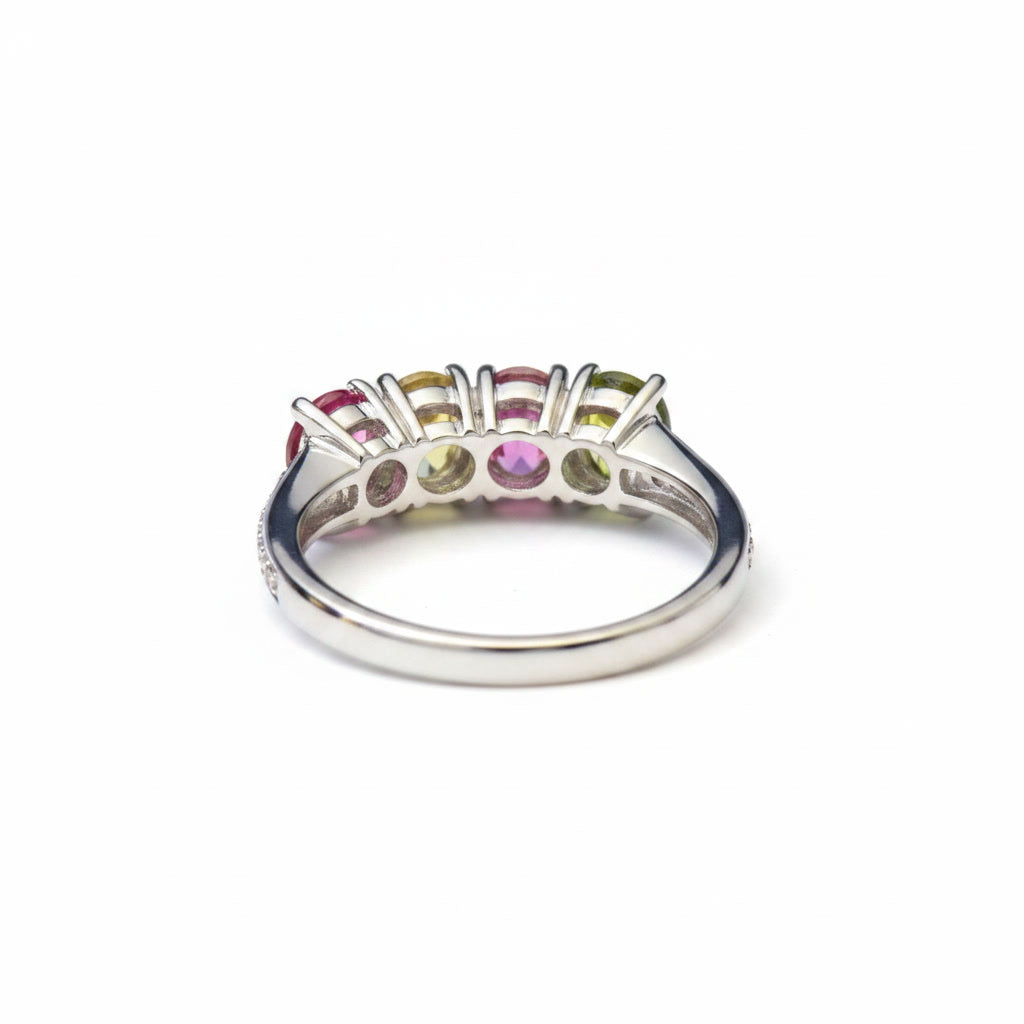 Natural Multi Tourmaline Ring with 3x4mm colorful gemstones and cubic zirconia accents in 925 sterling silver with platinum plated finish by PHIMSERA