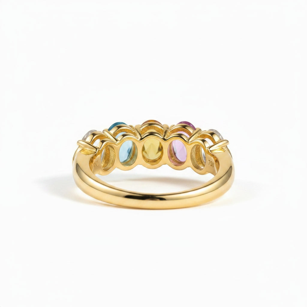 Natural Multi Tourmaline Five Stone Ring with 3x4mm marquise-cut colorful gemstones in 925 sterling silver with platinum plated finish by PHIMSERA