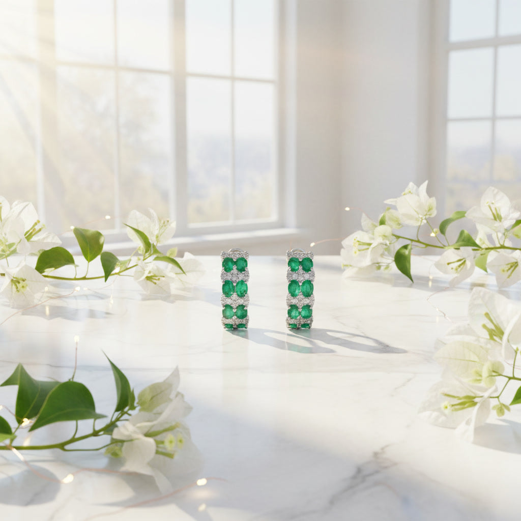 Natural Emerald Clip Earrings 3x4mm Platinum Plated Silver