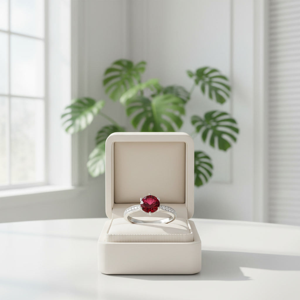 Natural 8mm round red garnet solitaire ring with cubic zirconia pavé shoulder accents in platinum plated sterling silver on a white background