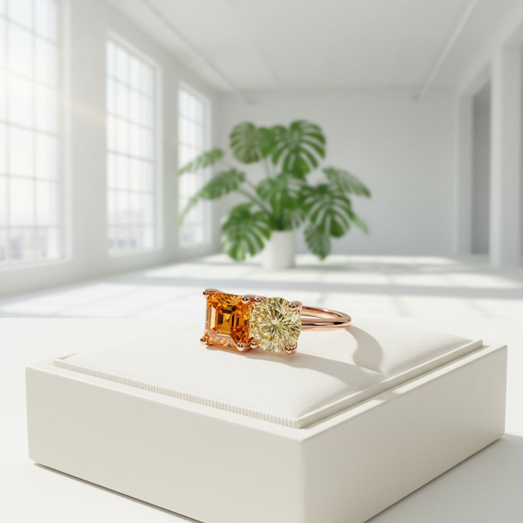 Two stone yellow moissanite ring featuring Asscher cut and round brilliant cut gemstones in rose gold plated 925 sterling silver on a white background