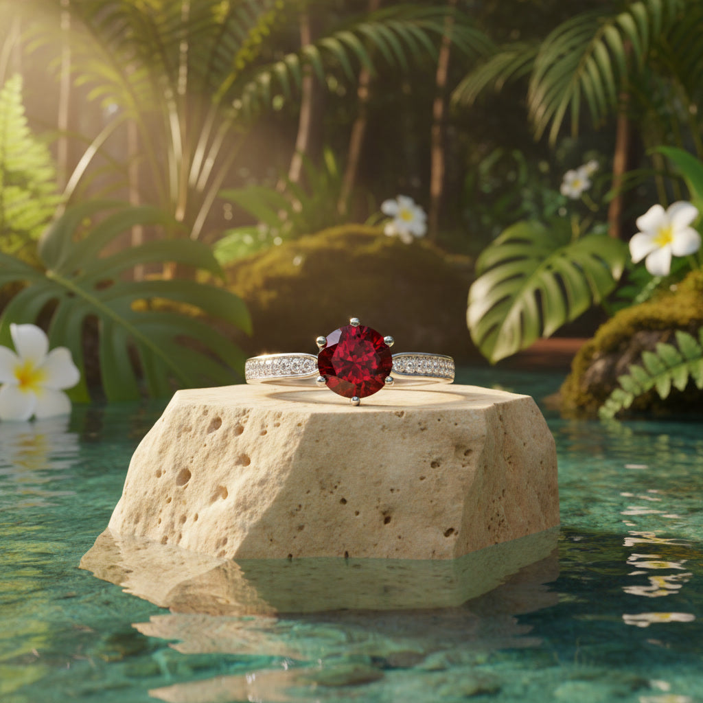 Natural 8mm round red garnet solitaire ring with cubic zirconia pavé shoulder accents in platinum plated sterling silver on a white background